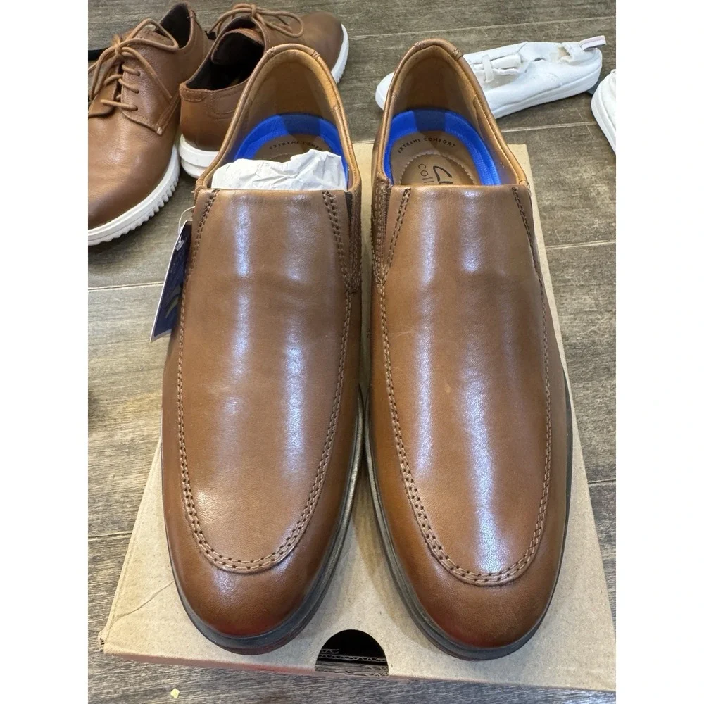 Clarks Mens Whiddon Step Dark Tan Leather Loafers Shoes 10.5 Wide Slip On
